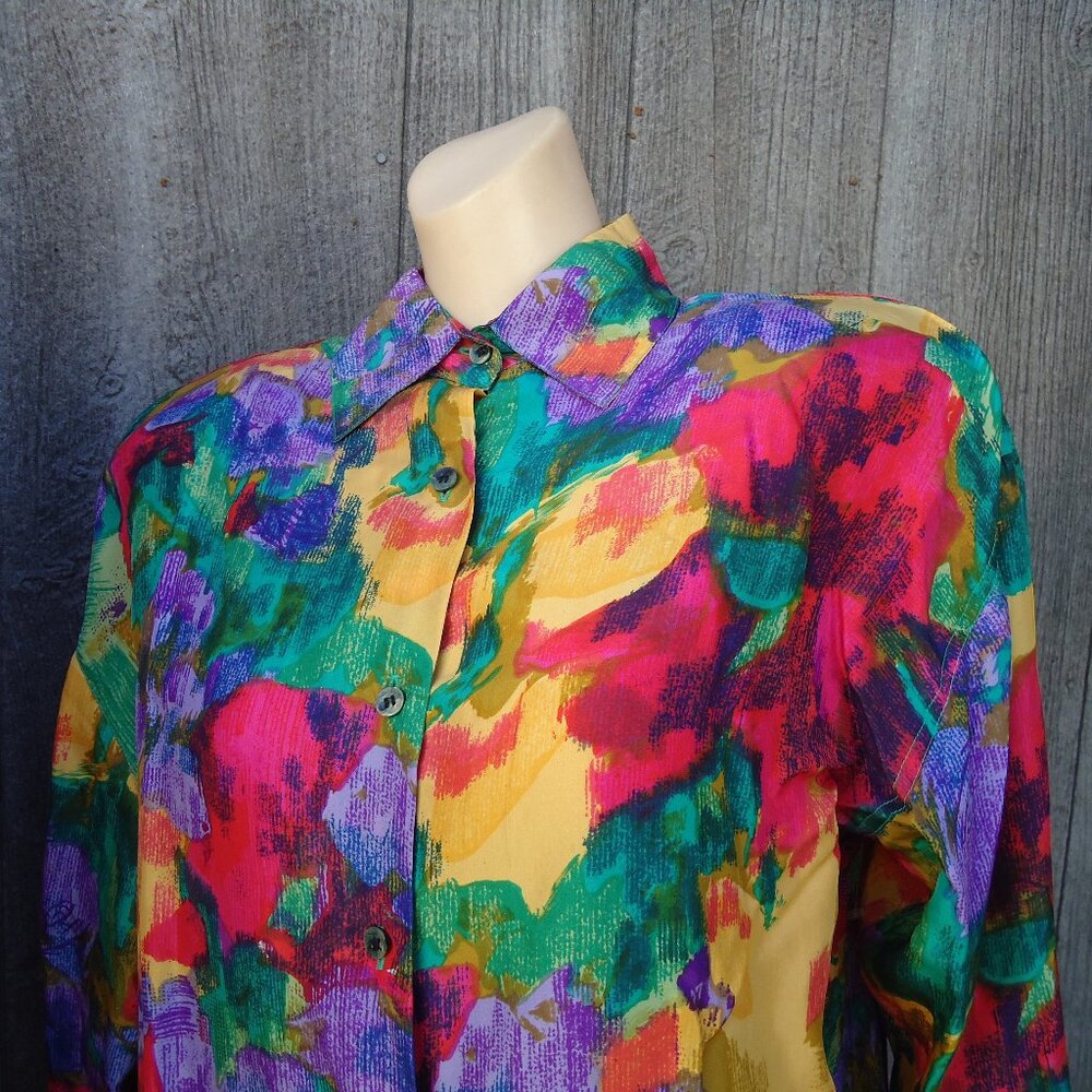 Vintage SILK Multicolor 80s Blouse M 1 Wrist Button gone